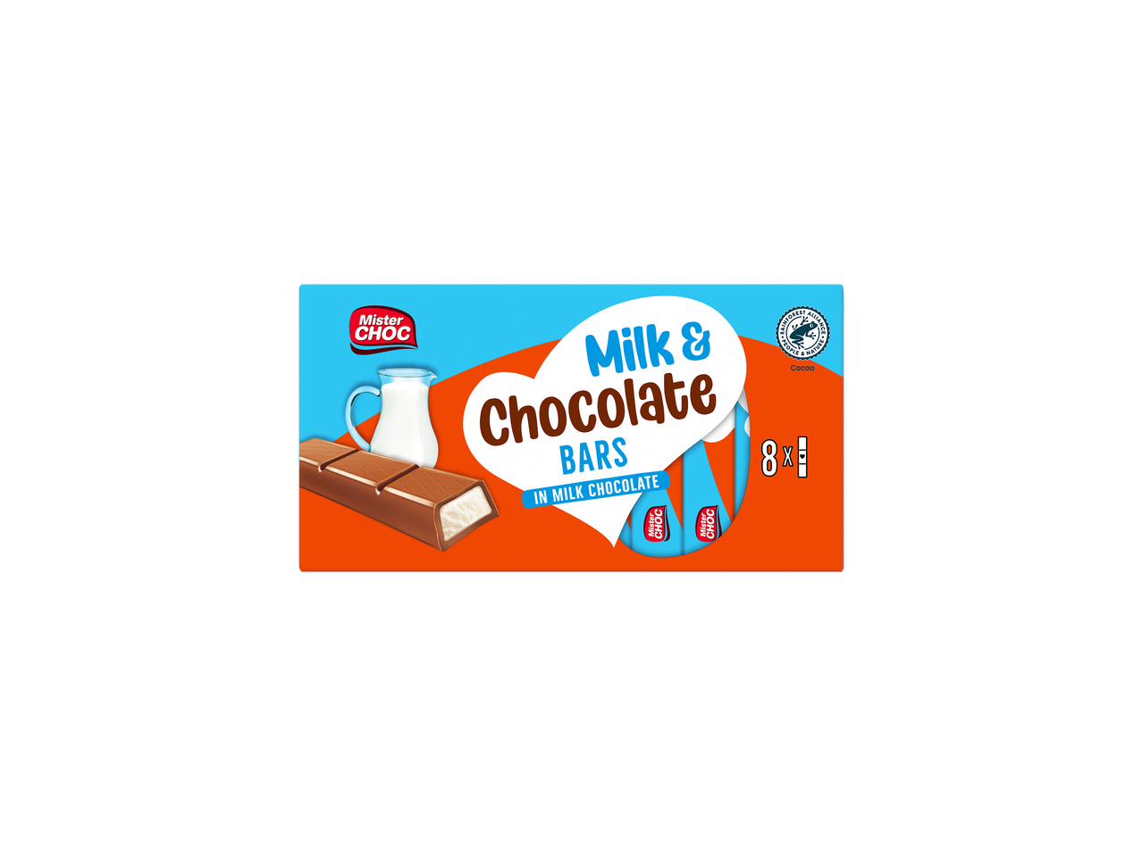 Mister Choc tej- és csokoládérudak, 8 darab, Rainforest Alliance logóval.