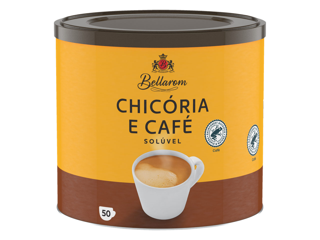 Bellarom Chicória e Café Solúvel, uma mistura de café e chicória numa lata amarela e castanha.