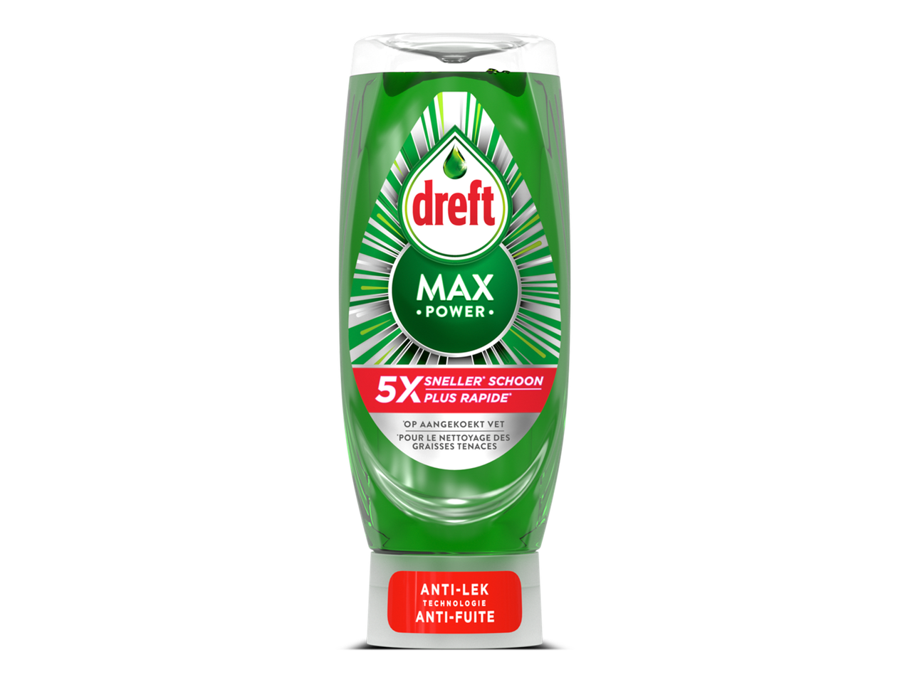 Groene fles afwasmiddel met de tekst 'MAX POWER' en '5X SNELLER SCHOON' en 'ANTI-LEK TECHNOLOGIE'.
