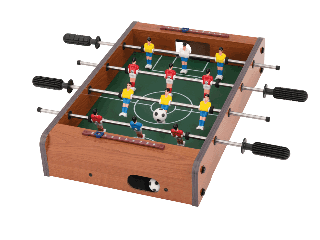 Stalo futbolo žaidimas su mediniu rėmu, žalia žaidimo aikštele ir spalvingais žaidėjais.