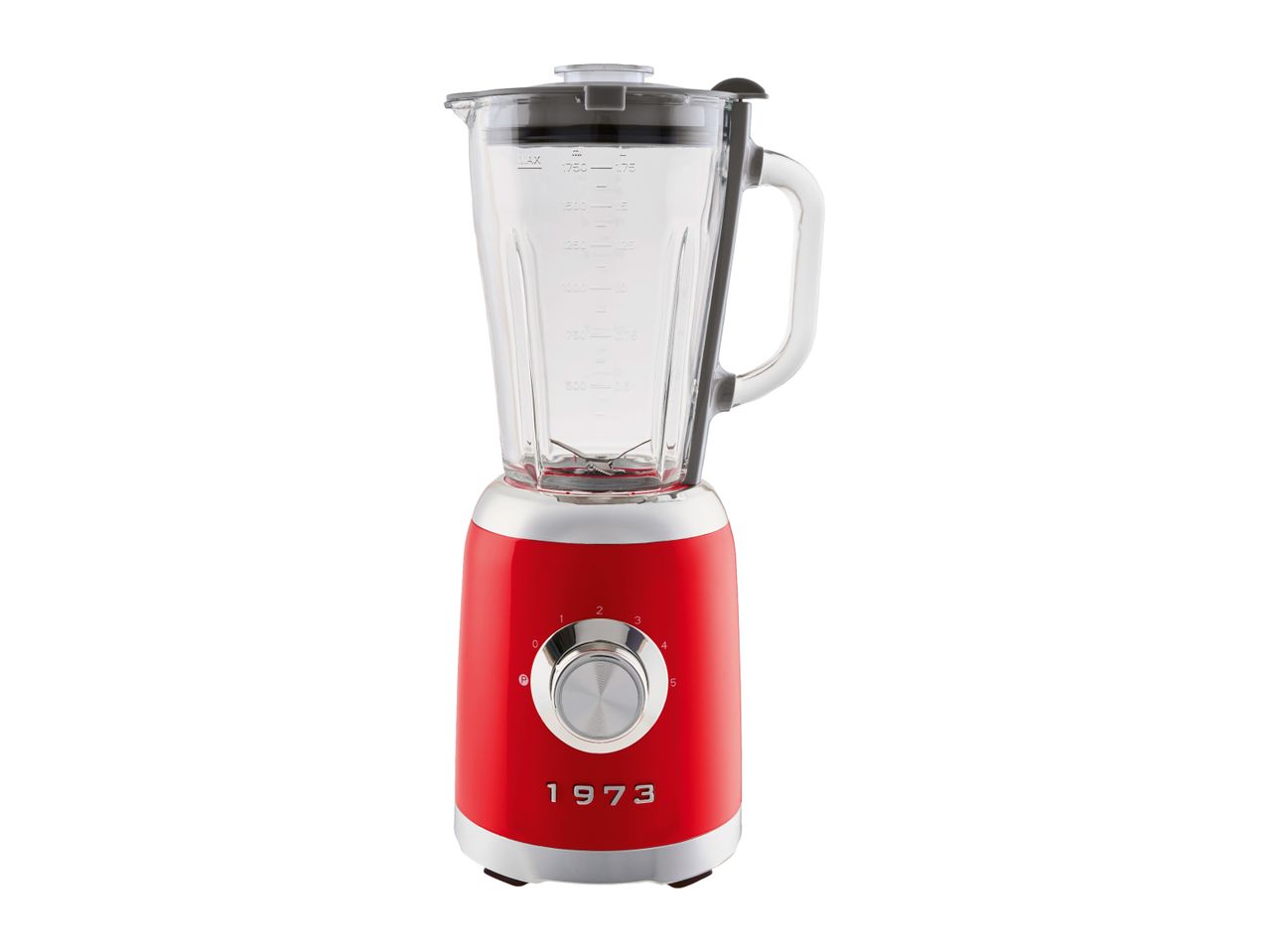 Red retro-style blender with a glass jug and silver dial, featuring the year 1973