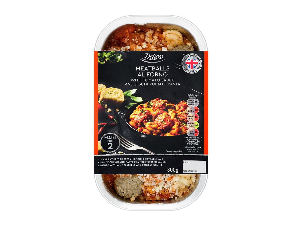 Deluxe meatballs al forno with pasta: ready meal of meat and pasta.
