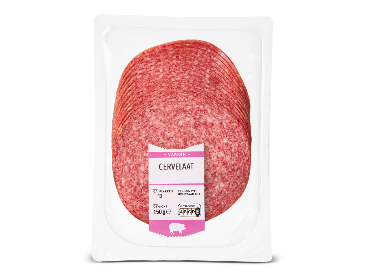 Verpakking cervelaat van varkensvlees met ca. 13 plakken en een gewicht van 150 gram.