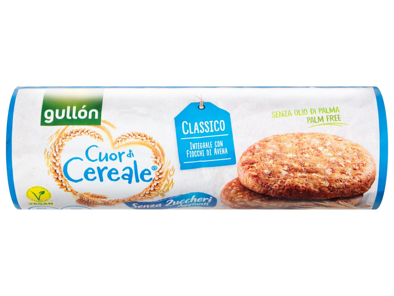 Gullón Cuor di Cereale Classico kekszek: teljes kiőrlésű, zabpehellyel, pálmaolaj nélkül.