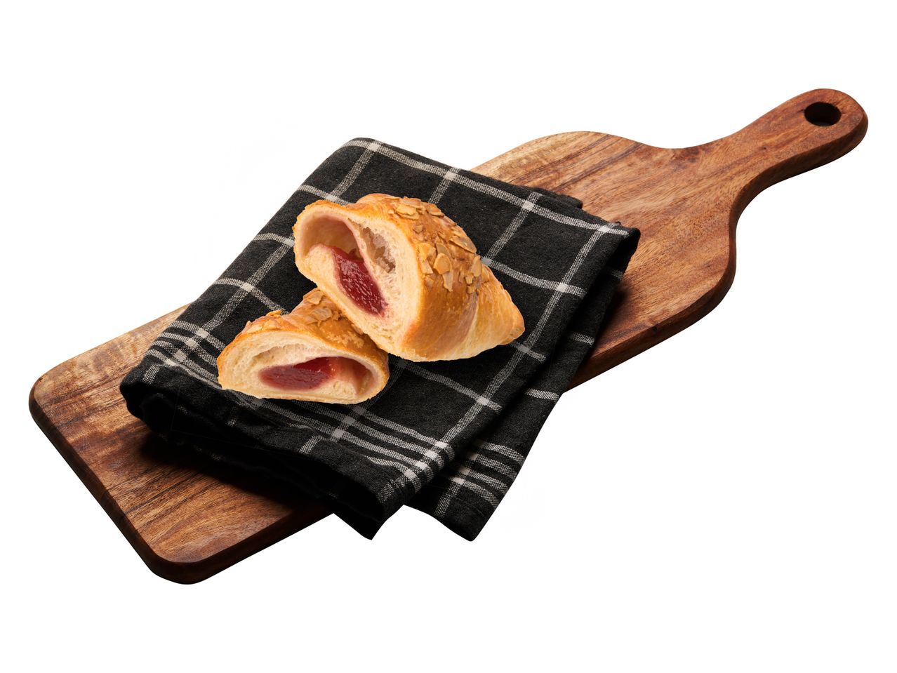 Mandelcroissanter med sylt på en träbricka.