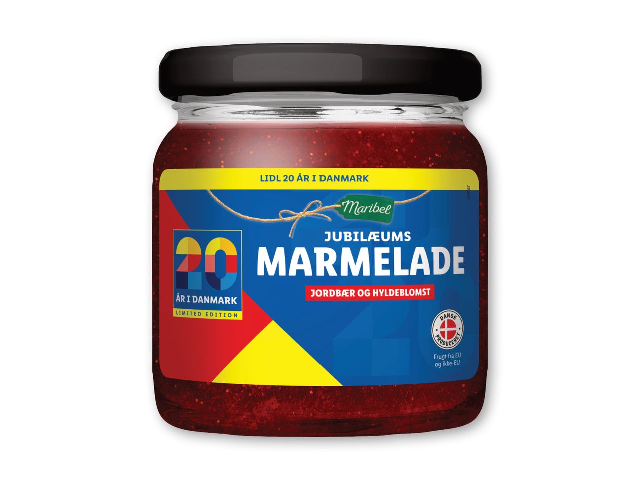 En krukke Maribel jubilæumsmarmelade med jordbær og hyldeblomst, der fejrer Lidls 20 år i Danmark.