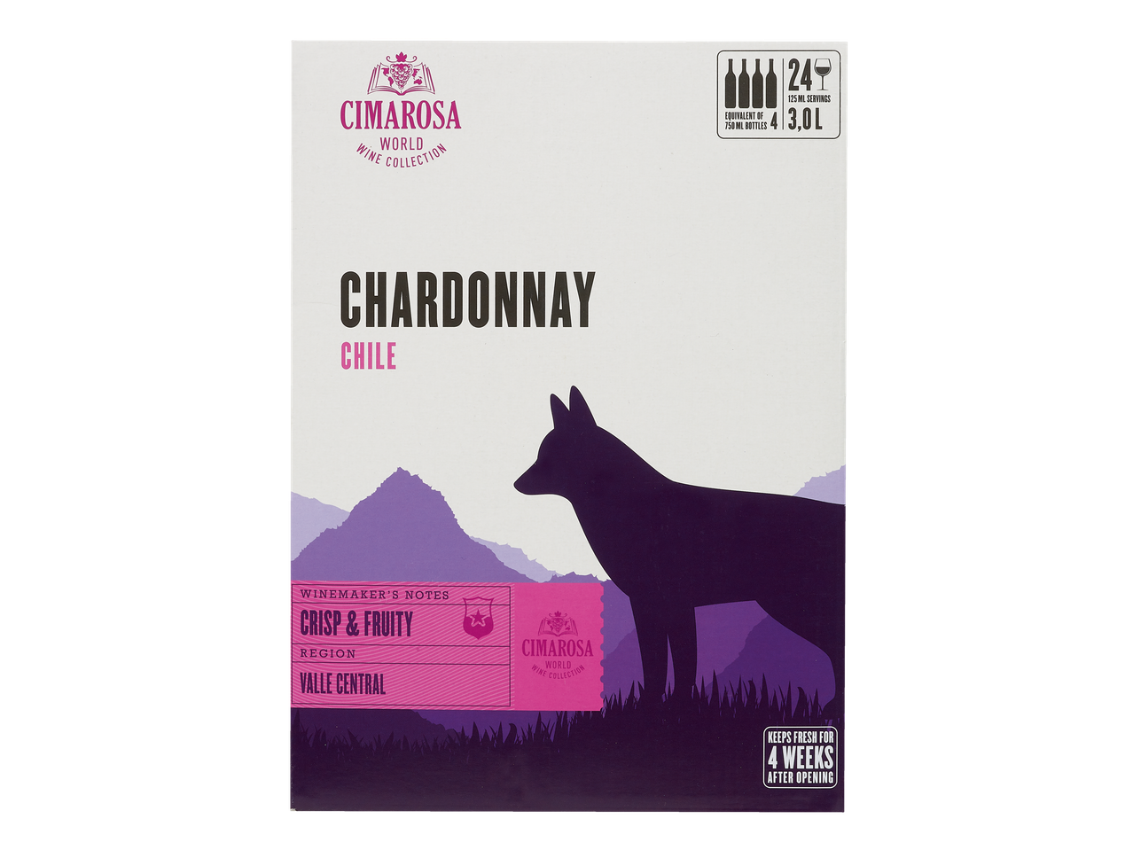 Boîte de vin Cimarosa Chardonnay, Chili, Valle Central, avec une silhouette de renard.