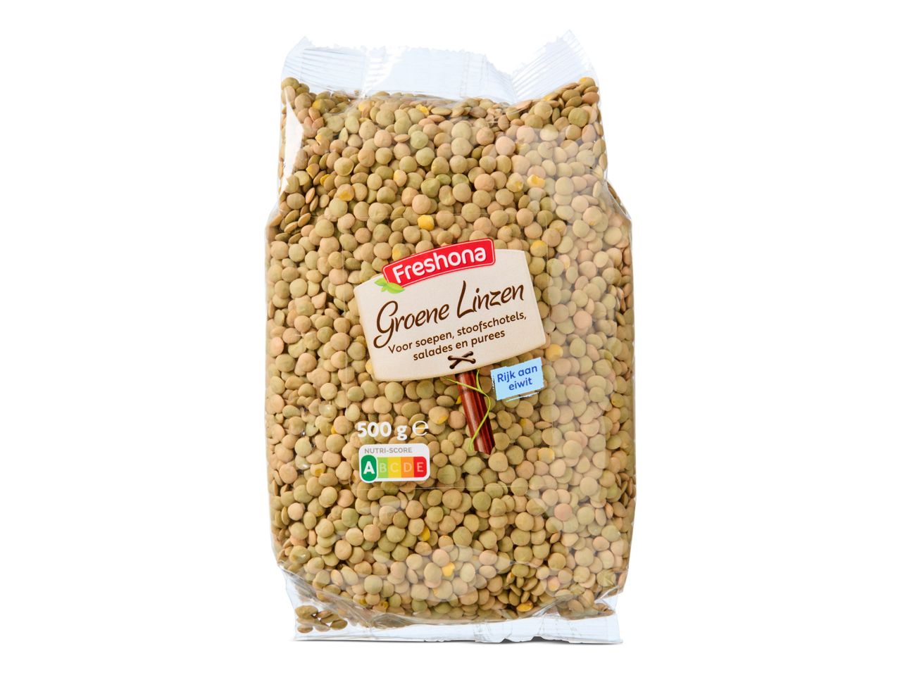 Zak van 500 gram groene linzen van het merk Freshona
