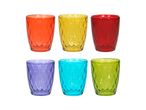 Sei bicchieri colorati con motivo a rombi: arancione, giallo, rosso, viola, azzurro e verde.