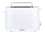 White two-slice toaster with a textured honeycomb pattern and integrated warming rack