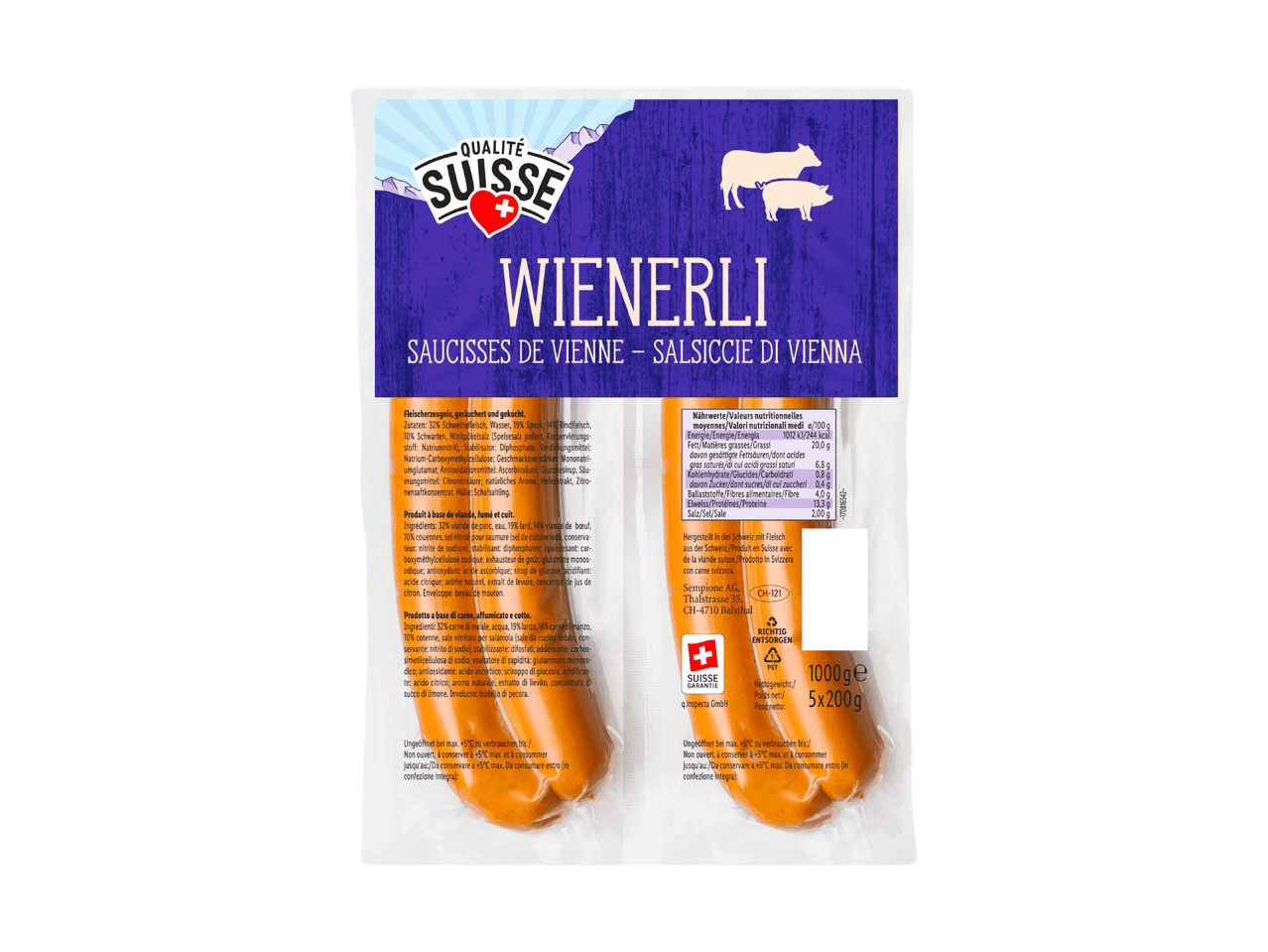 Packung Wienerli (Wiener Würstchen) mit Qualité Suisse Etikett und Nährwertangaben.