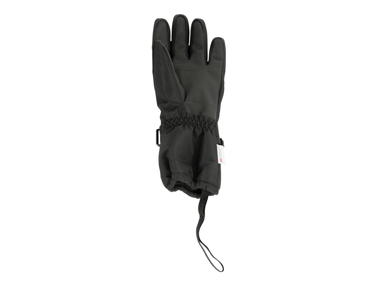 Black men's ski glove with a textured palm and a drawstring cuff, featuring a 3M Thinsulate tag.