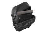 Open black backpack with laptop and inner compartments.