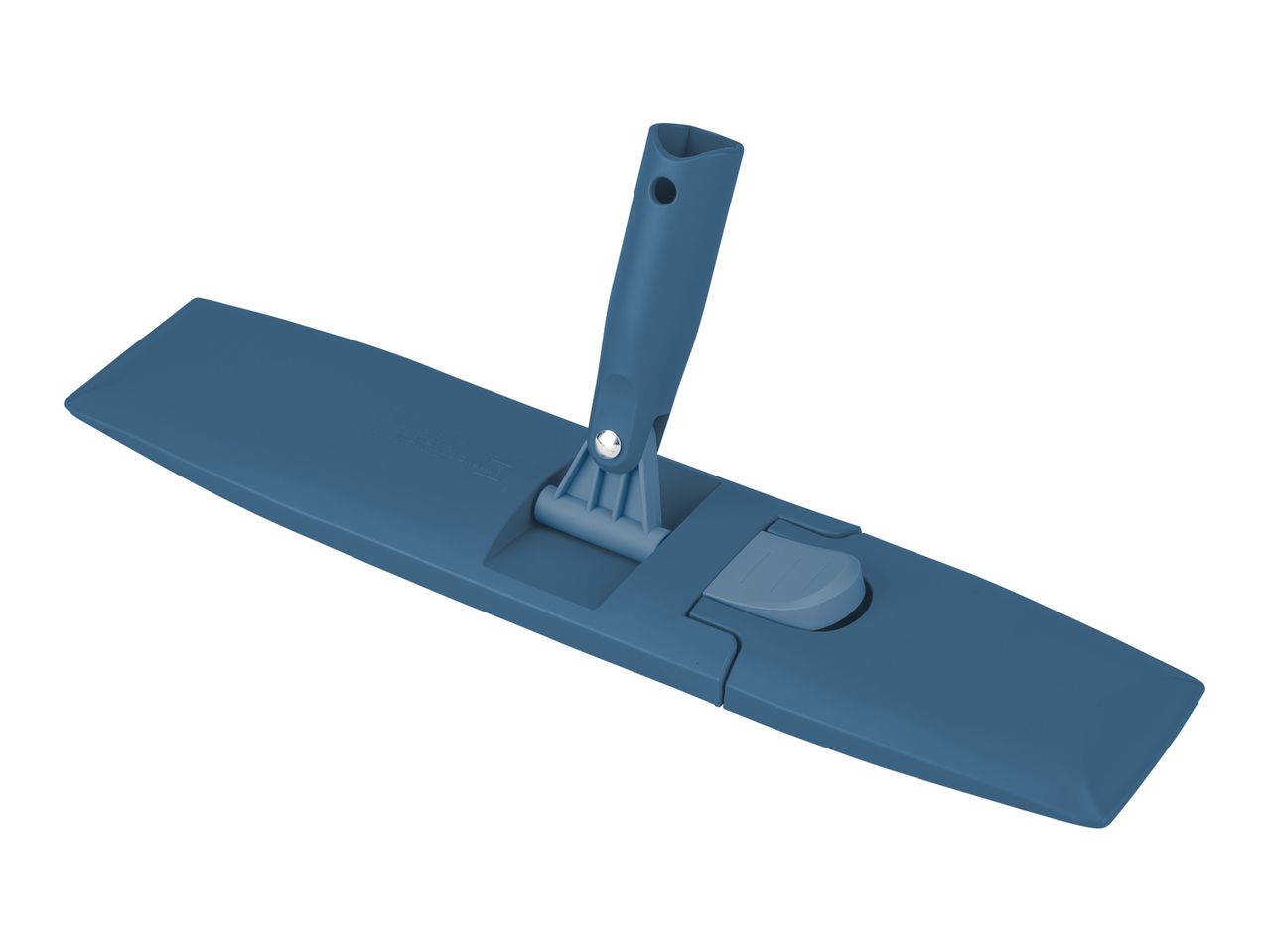 A blue flat mop with a plastic handle.