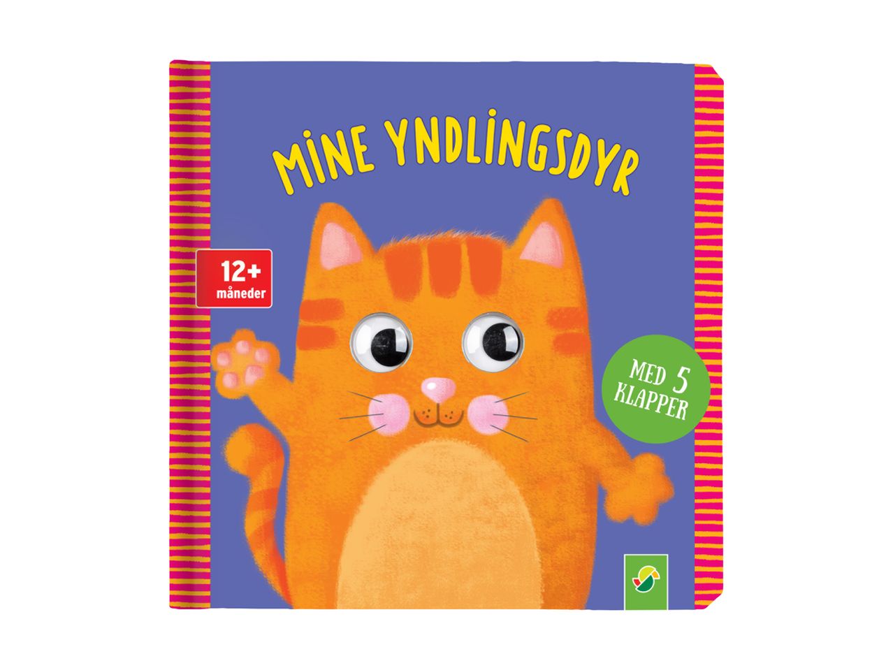 Børnebog med klappeelementer, 'Mine yndlingsdyr', med en orange kat på forsiden.