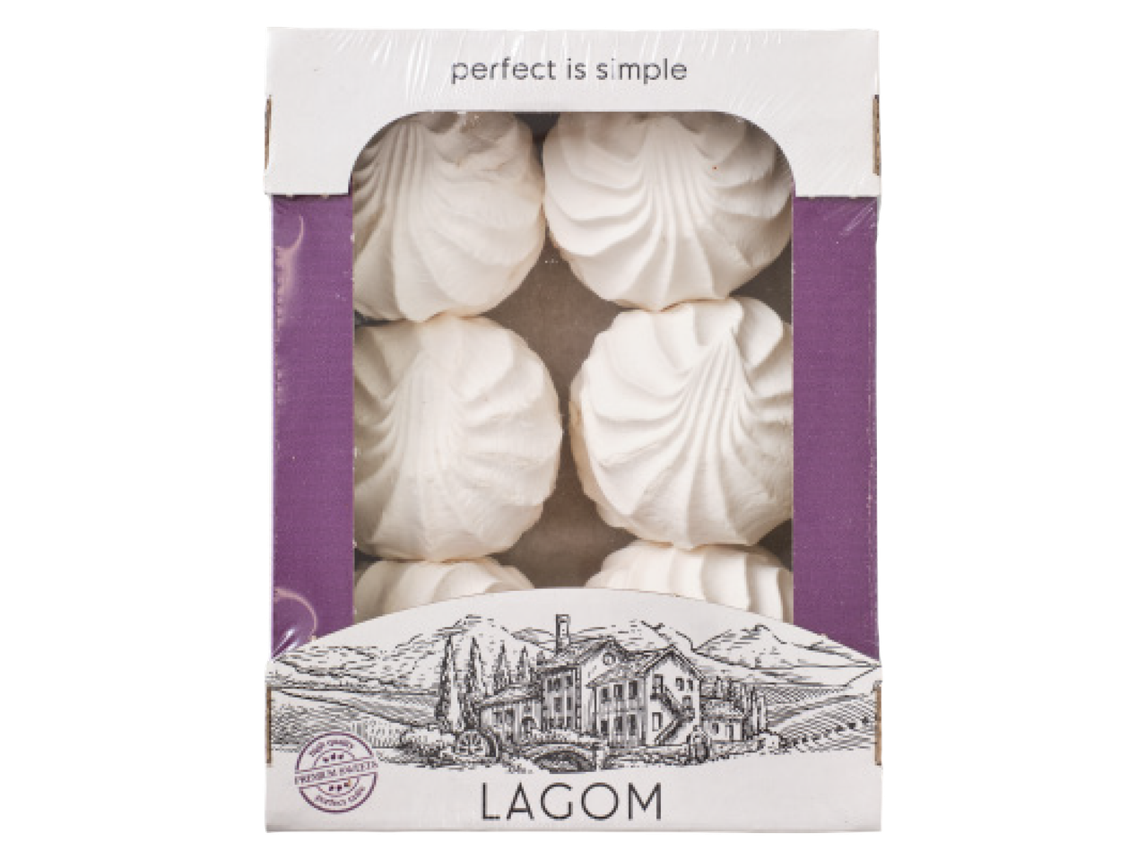 Pakend valgete beseeküpsistega LAGOM, millel on kiri 'perfect is simple'.