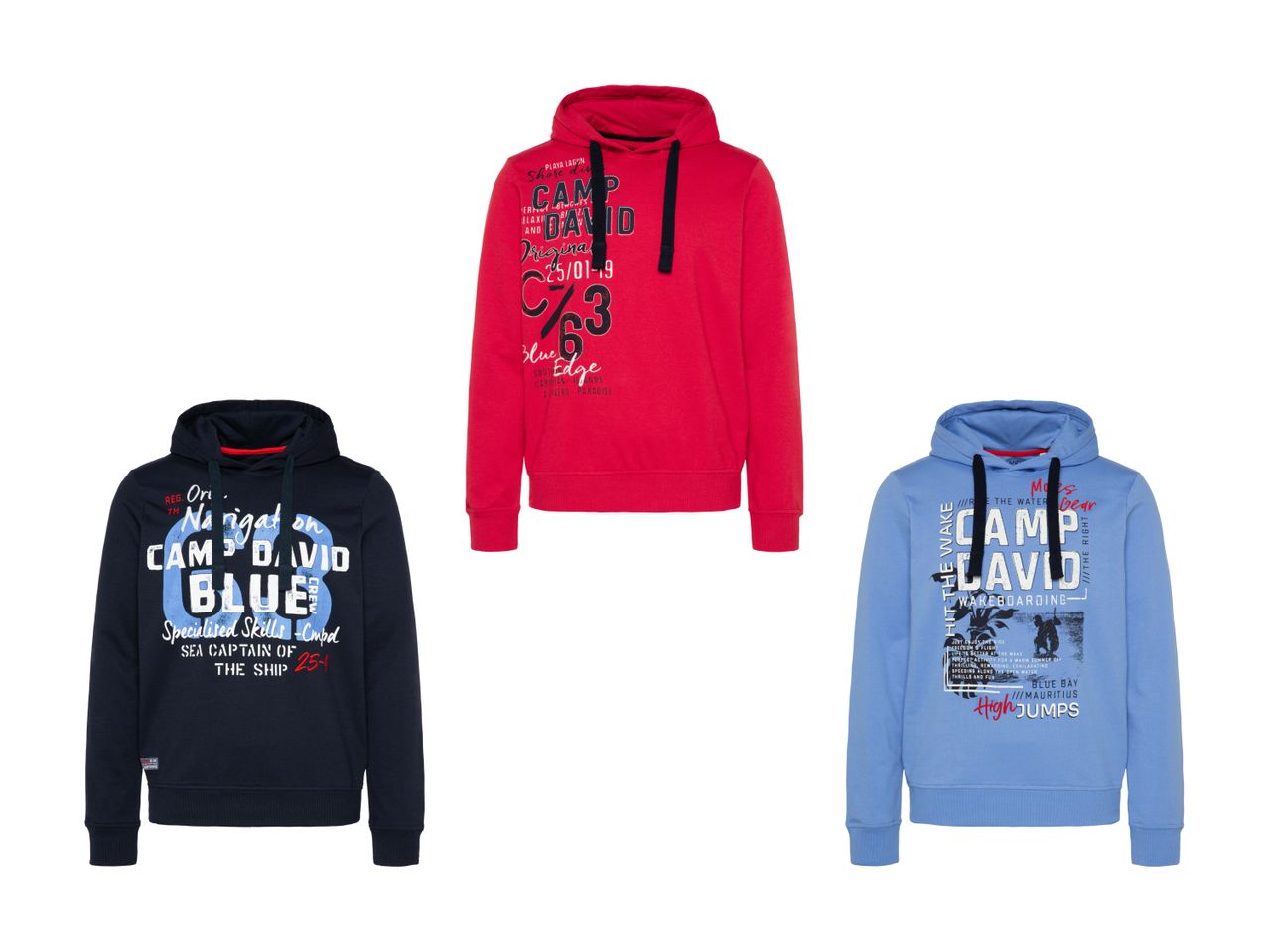Drei Camp David Hoodies mit maritimen und sportlichen Aufdrucken.