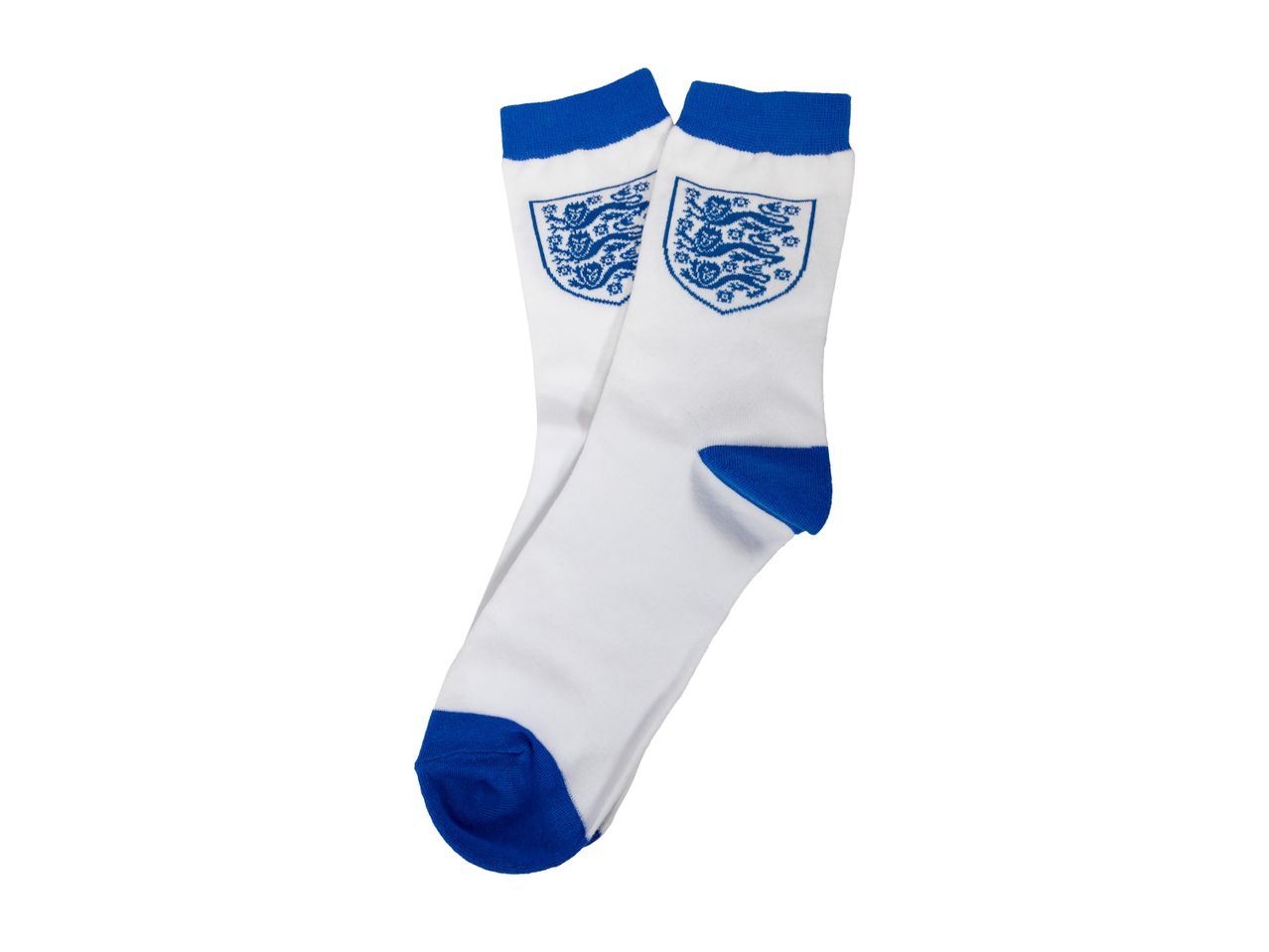 Pair of white socks with blue cuffs, heels, and toes, featuring the England football crest.