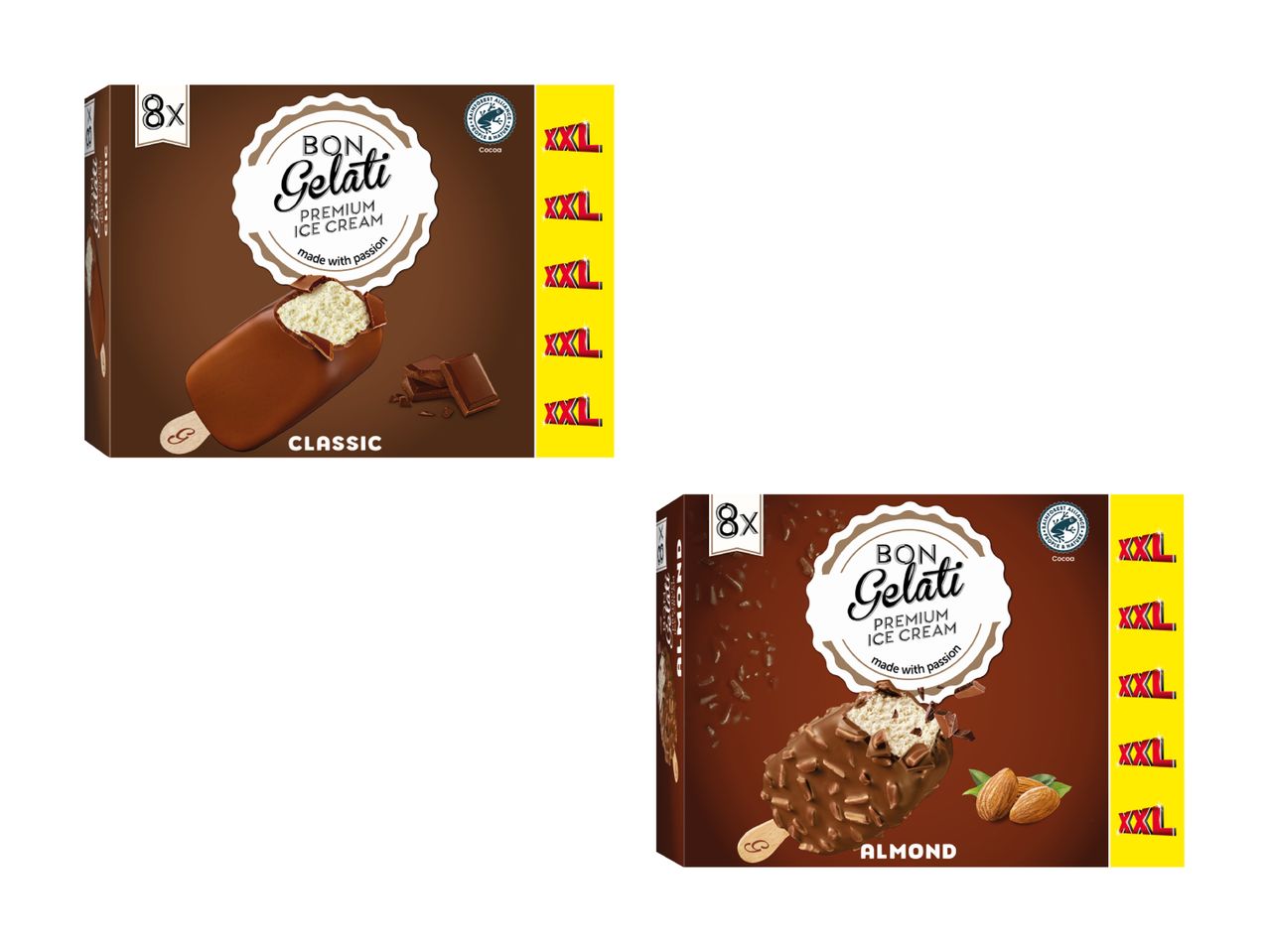 Zwei Packungen Frigo Eis am Stiel: Schokolade und Schokolade mit Mandeln.