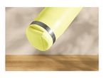 Yellow water bottle with a metal band, angled over a wooden surface.