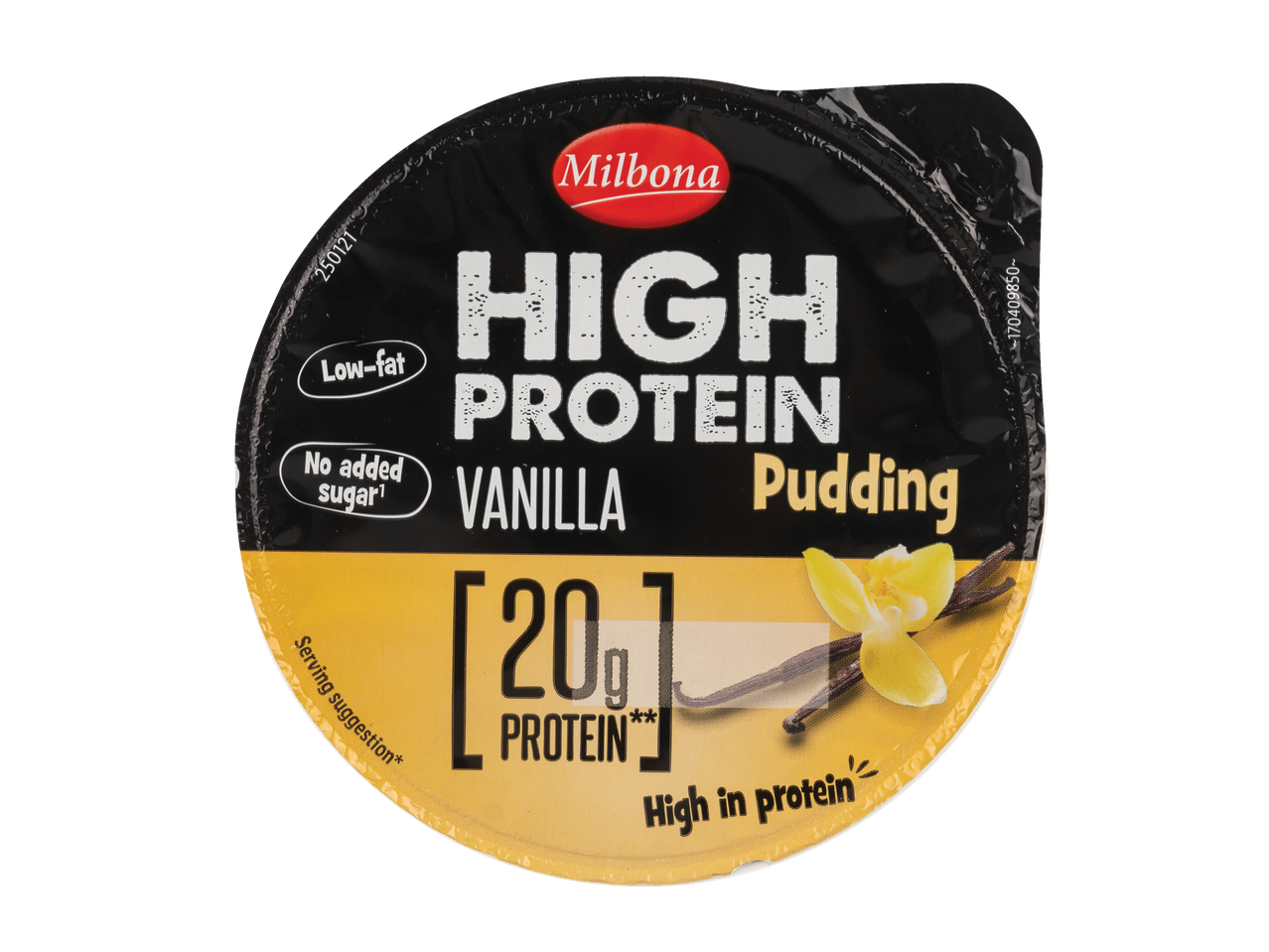 Pudins Milbona High Protein de baunilha, baixo teor de gordura e sem açúcar adicionado.