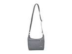 Grey crossbody bag with a front zipper pocket and an adjustable strap.
