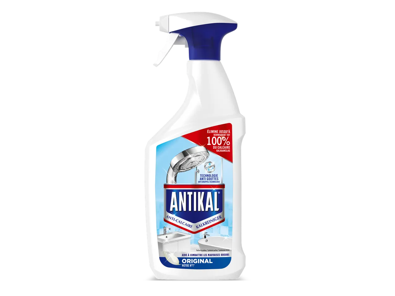 Fles kalkreiniger met sproeikop, met de tekst '100% kalkaanslag' en 'anti-druppel technologie'.