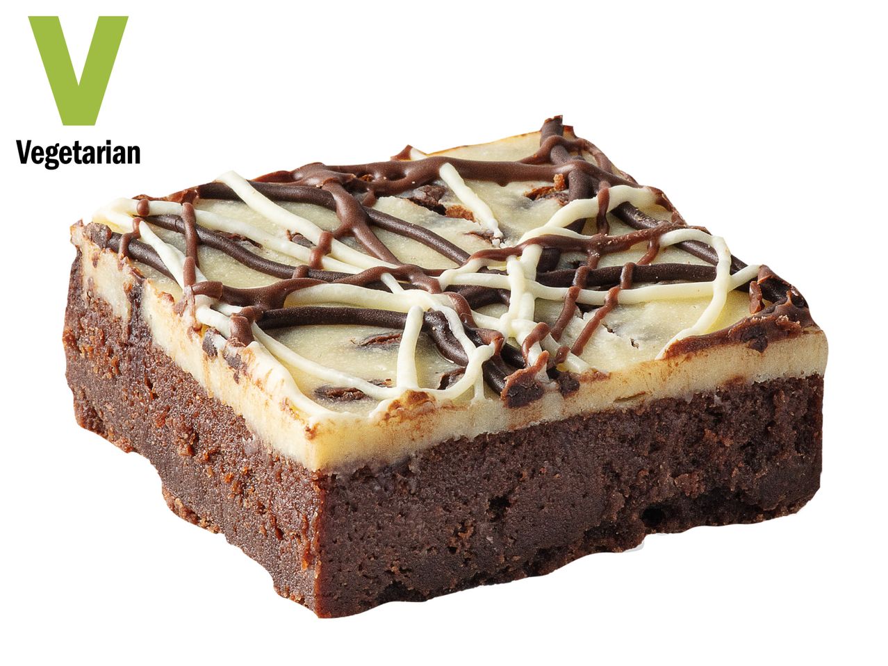 Vegetarian brownie with white and dark chocolate drizzle