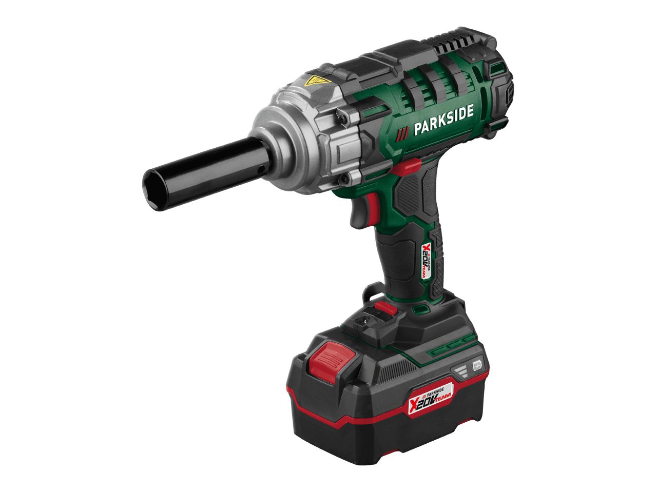 Akkukäyttöinen iskevä mutterinväännin, jossa on musta hylsy ja akku.