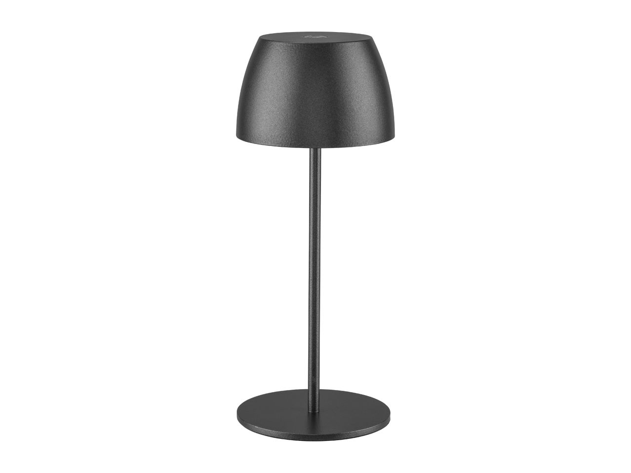 Modern dark grey cordless LED table lamp with a round base and dome shade