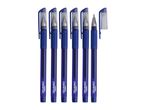Six blue gel pens, one with its cap removed, arranged vertically on a white background.