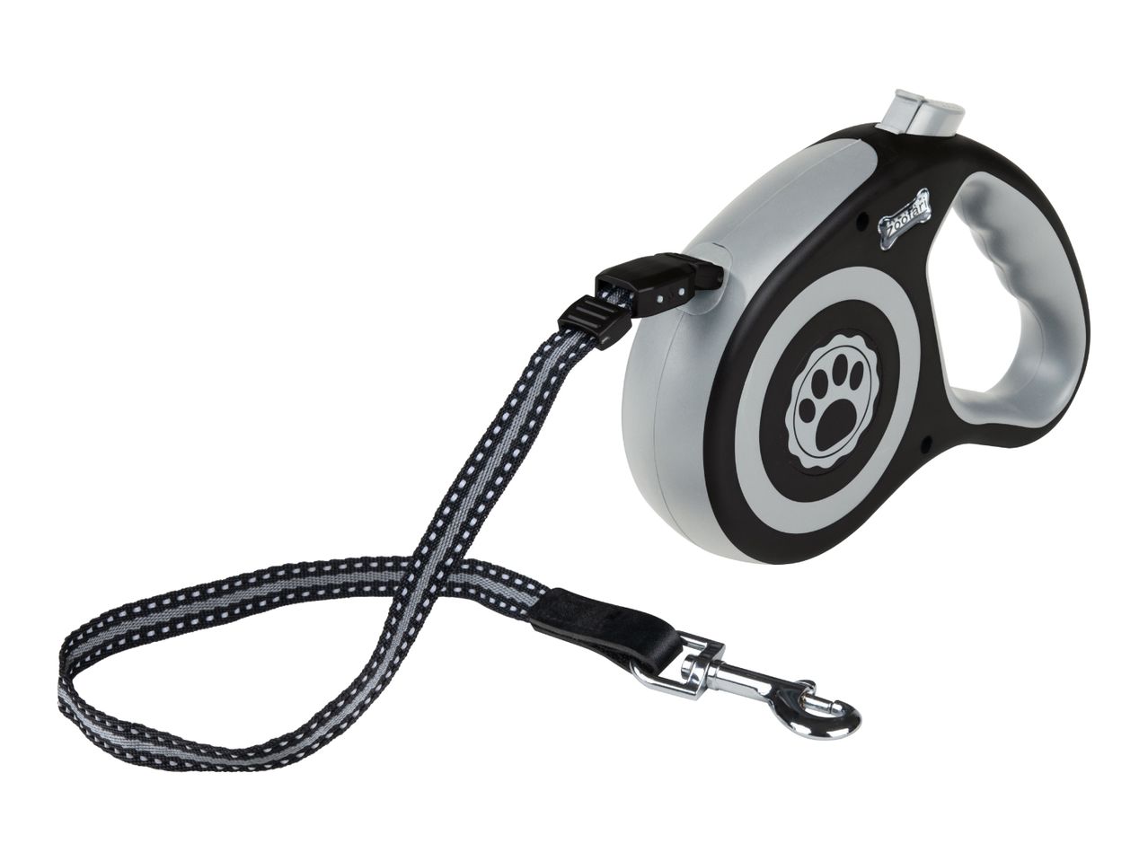 Retractable dog leash with a black and grey handle, a paw print design, and a reflective black and grey strap.