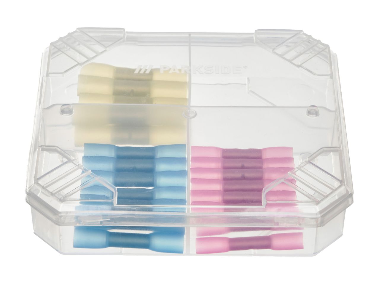 Parkside heat shrink butt connectors in a clear plastic storage case.