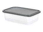 Rectangular clear food storage container with a dark grey lid.