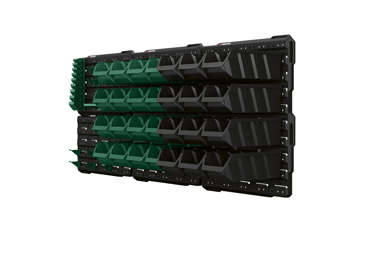 Sienas organizators ar zaļām un melnām uzglabāšanas tvertnēm mazām detaļām.