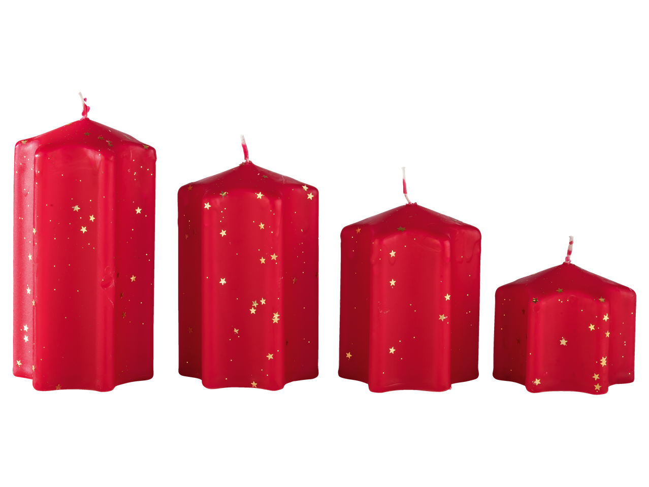 Neli punast tähekujulist sädelevat küünalt, erinevates suurustes.