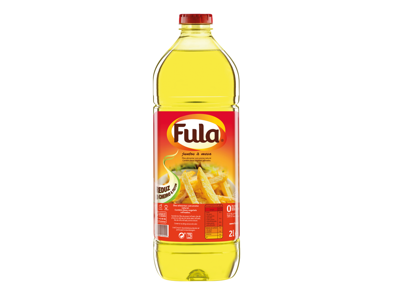 Garrafa de 2l de óleo Fula, com batatas fritas.
