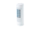 White tower fan with control buttons on top, featuring a visible blue light inside the grille.
