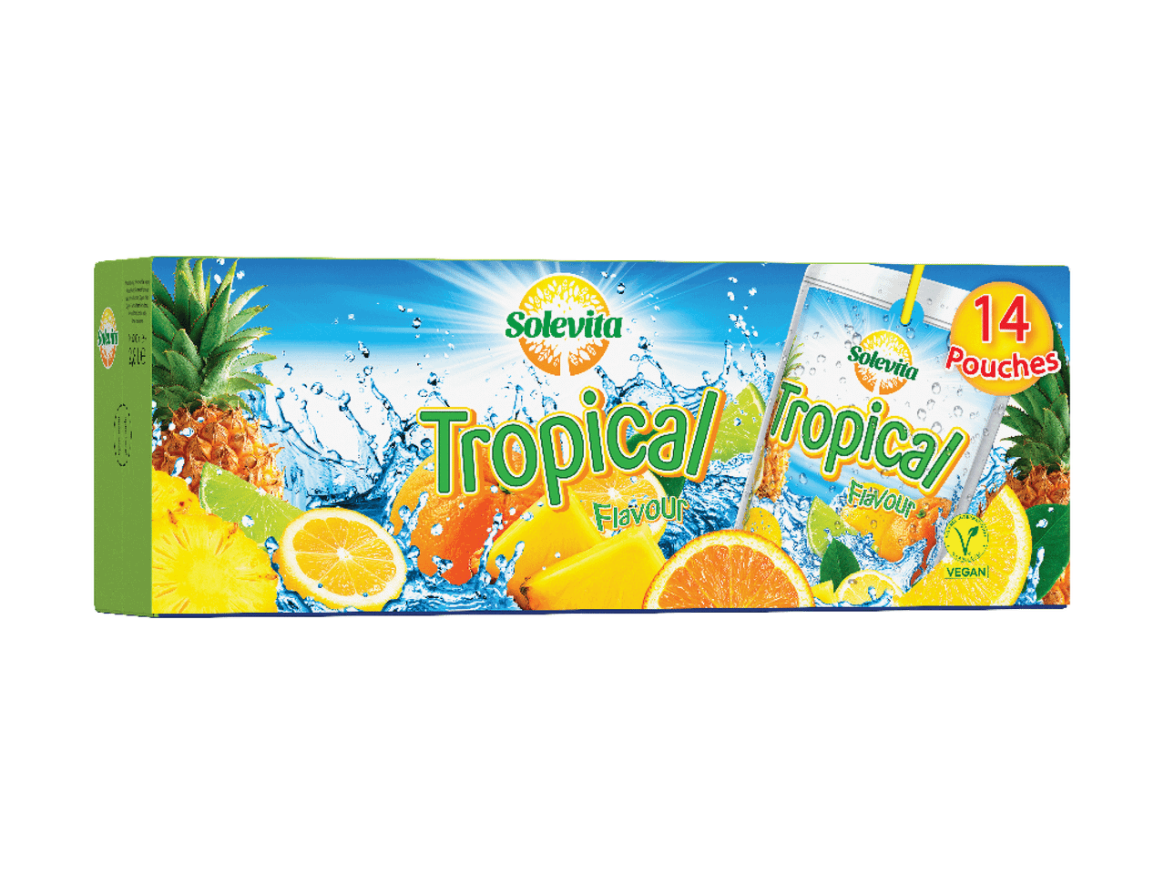 Troopilise joogi pakend 14 kotikesega, ananassi, apelsini ja sidruni kujutisega.