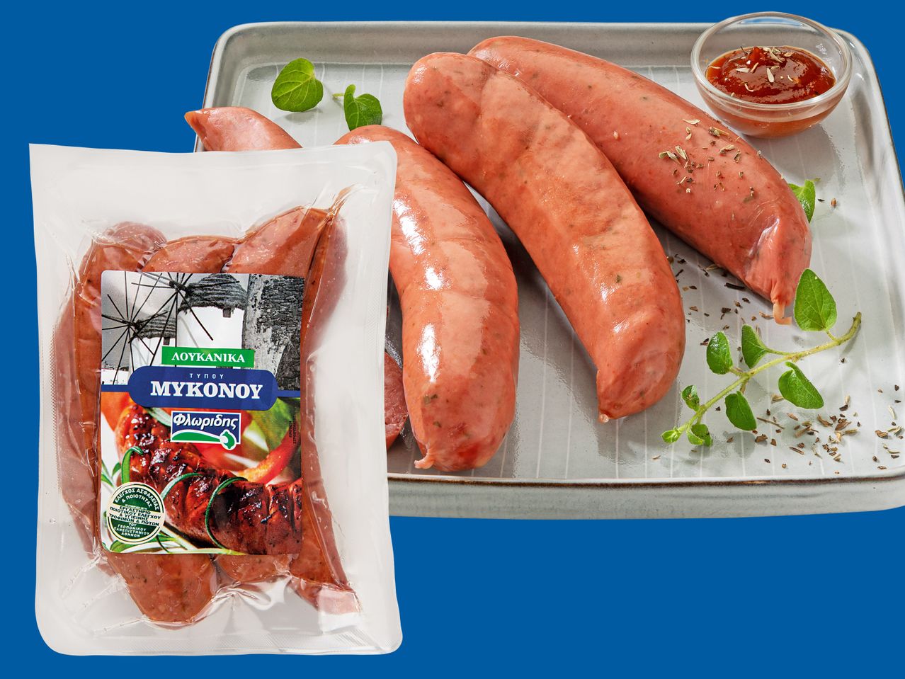 Συσκευασμένα λουκάνικα τύπου Μυκόνου και λουκάνικα σε πιάτο με σάλτσα και μυρωδικά.