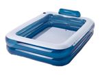 Inflatable rectangular paddling pool with blue and white sections, featuring a headrest.