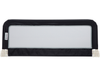 Black and white mesh bed rail for children, with a safety label on the left side.