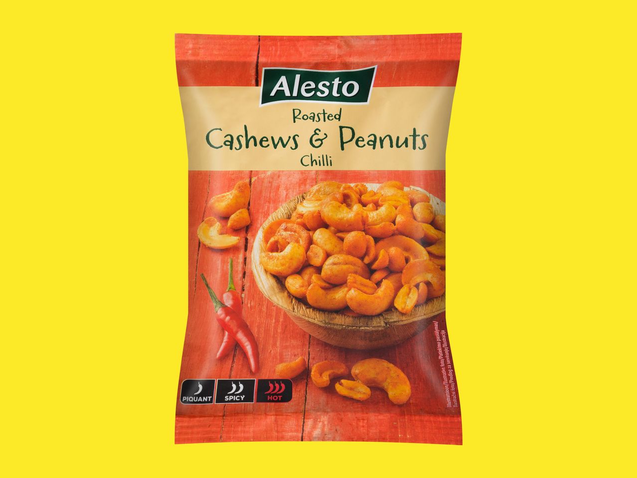Alesto pražené kešu ořechy a arašídy s chilli.