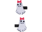 Two ghost-shaped Halloween hair clips with red bows.