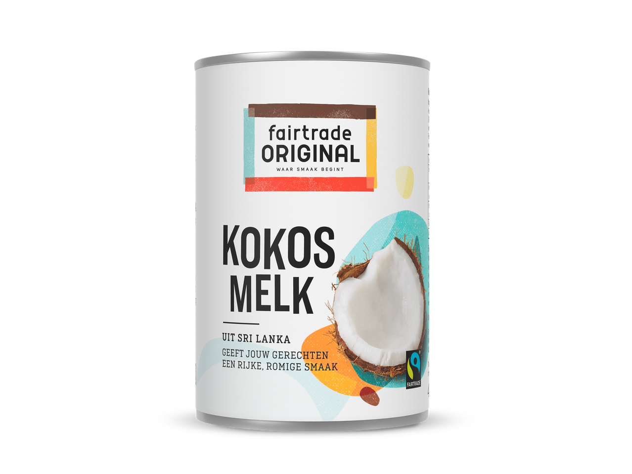 Blik kokosmelk met Fairtrade-logo, afkomstig uit Sri Lanka, voor een rijke, romige smaak.