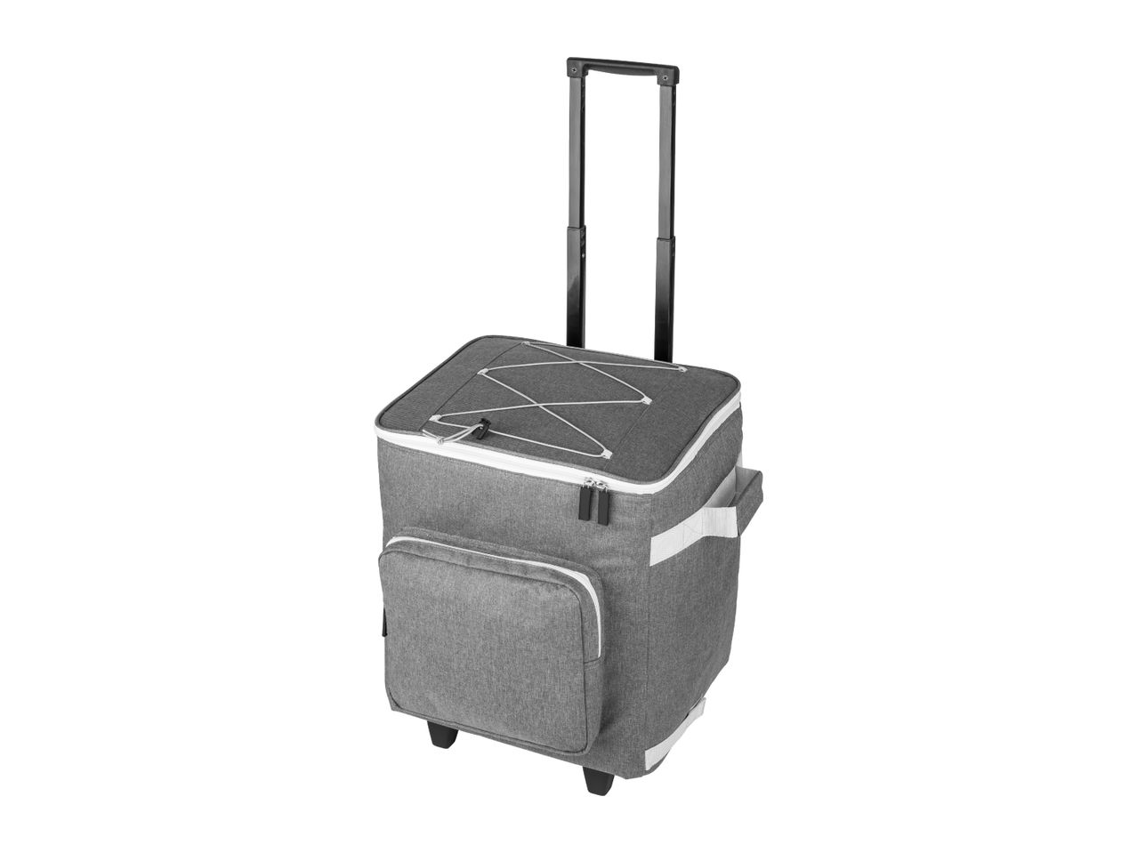 Grey cooler bag on wheels with an extendable handle and front pocket.