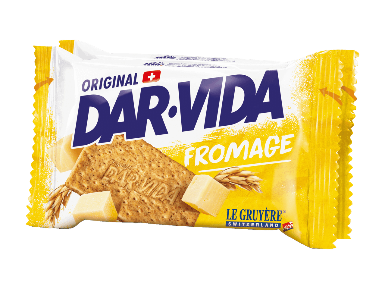 Dar-Vida Original Fromage Cracker-Packung mit Le Gruyère Käse und Weizenähren.