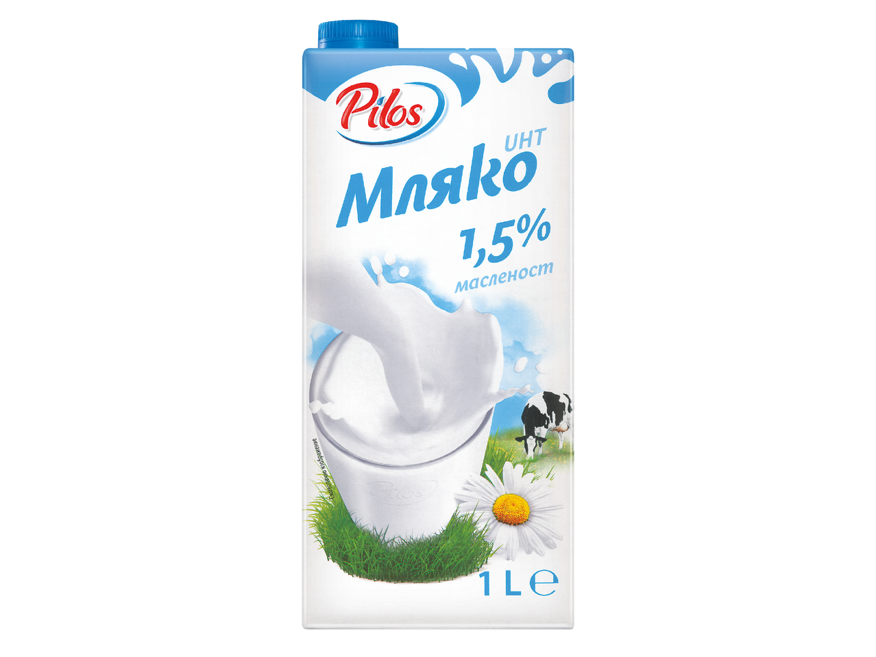 Картонена кутия с мляко 1,5% масленост, с изливащо се мляко в чаша, крава и маргаритка.