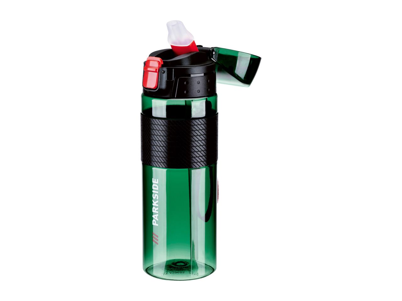 Green water bottle with a black lid and red button, featuring the Parkside logo.