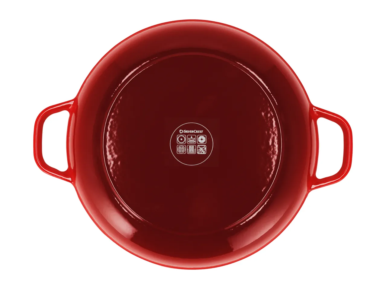 Red cast iron casserole dish with handles, suitable for various cooktops and oven use.